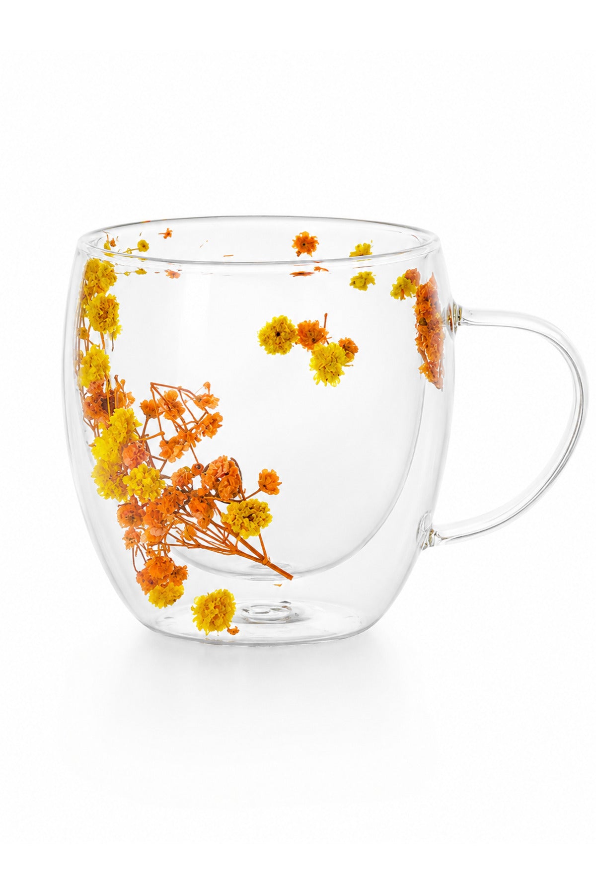 Çift Cidarlı Çiçek Detaylı Kulplu Cam Kupa Bardak 250ml - Sarı
