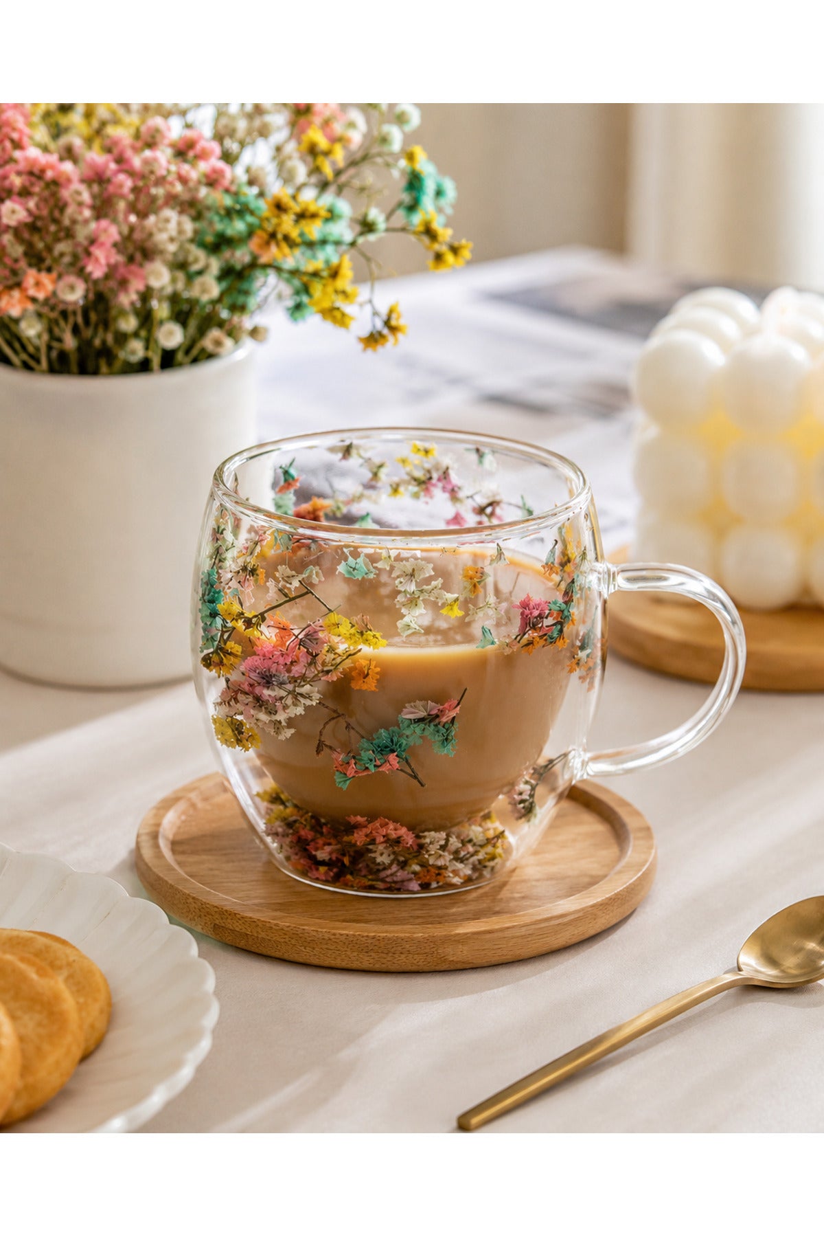 Çift Cidarlı Çiçek Detaylı Kulplu Cam Kupa Bardak 250ml - Turkuaz