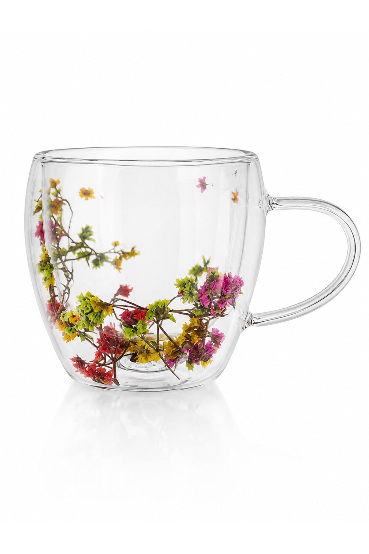 Çift Cidarlı Çiçek Detaylı Kulplu Cam Kupa Bardak 250ml - Yeşil