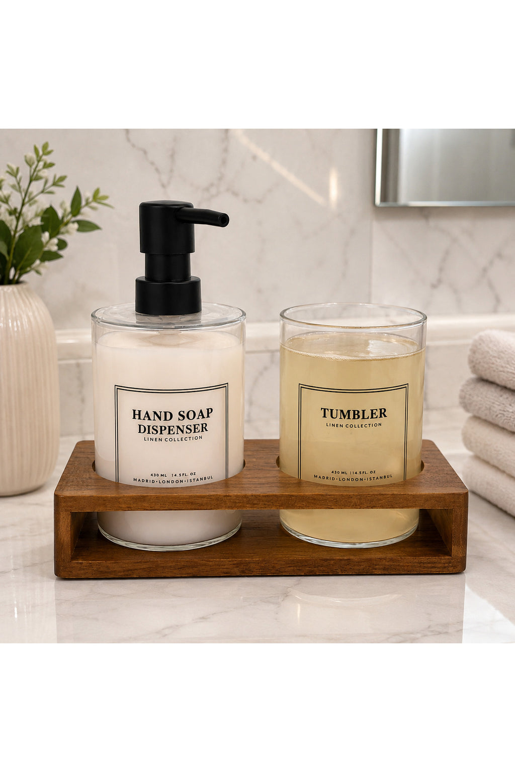Ahşap Standlı 2’li Şeffaf Sıvı Sabunluk ve Banyo Düzenleyici Set - Saydam