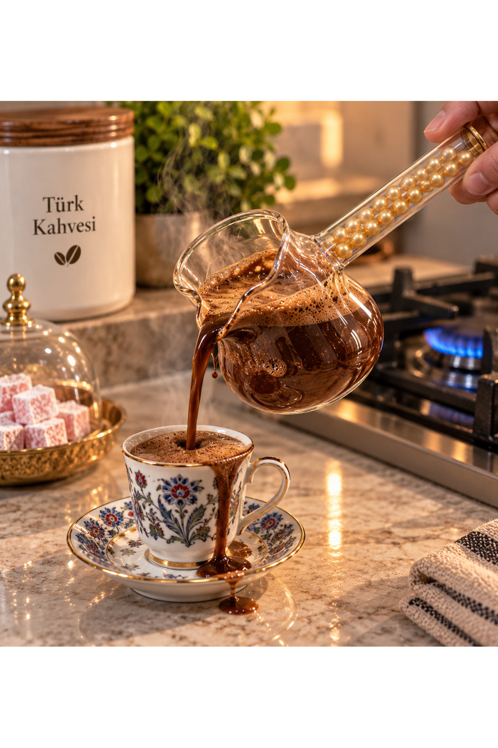 Cam Cezve Dekoratif Boncuklu Saplı Kahve Pişirme ve Servis Cezvesi - Sarı