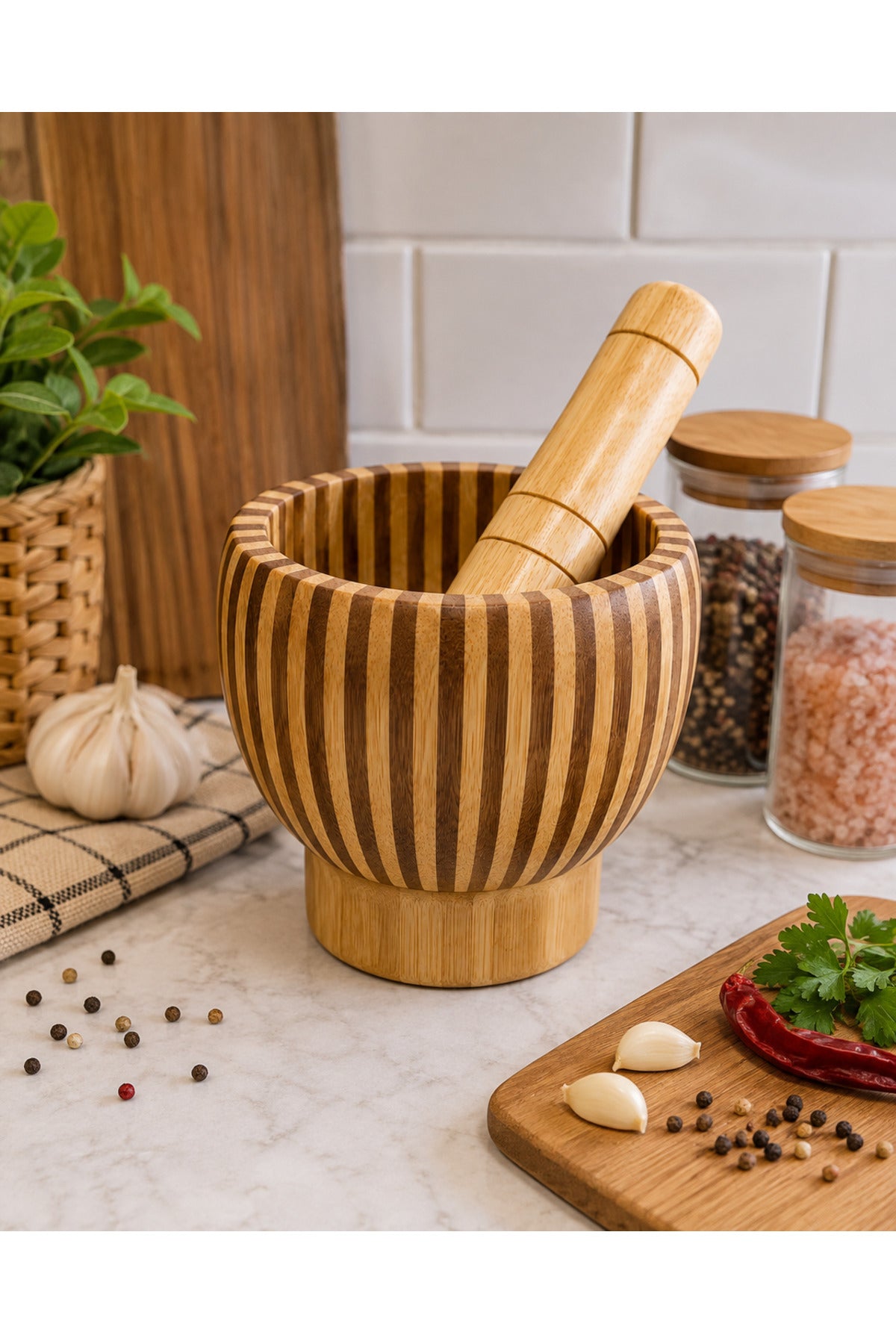 Bambu Havan ve Tokmak Seti Orta Boy Çizgili Baharat Sarımsak Ezici