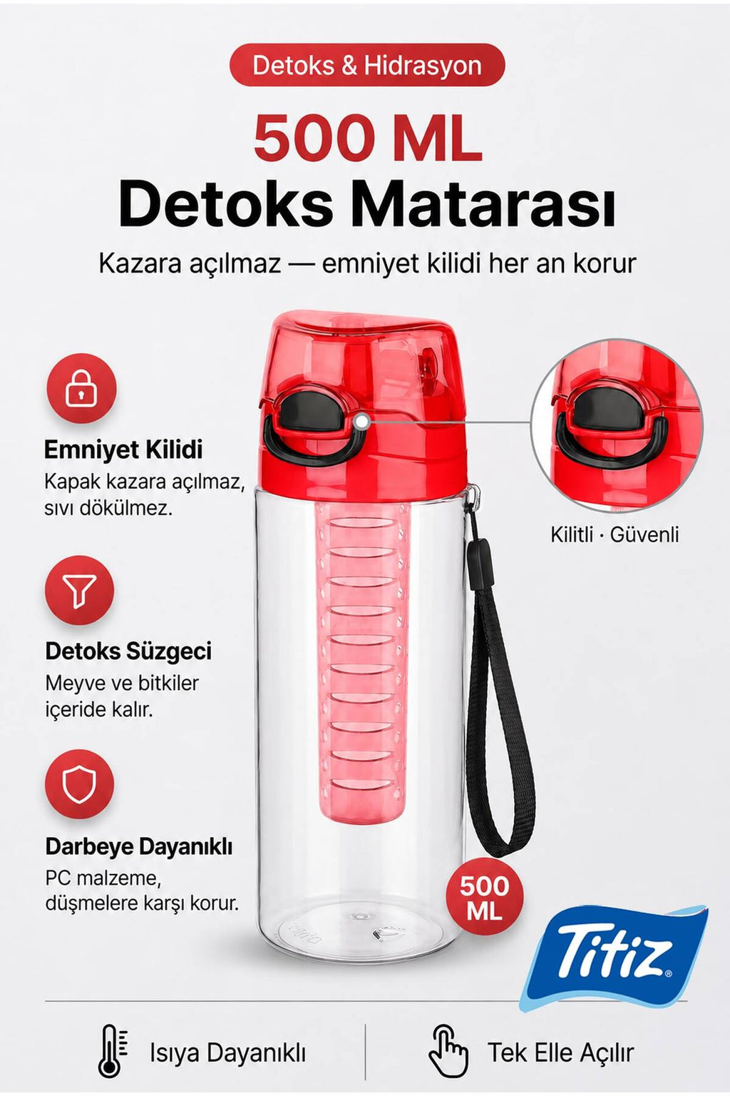 Filtreli Detox Kilitli Kapak Polikarbon Suluk Matara 500 ml - Kırmızı