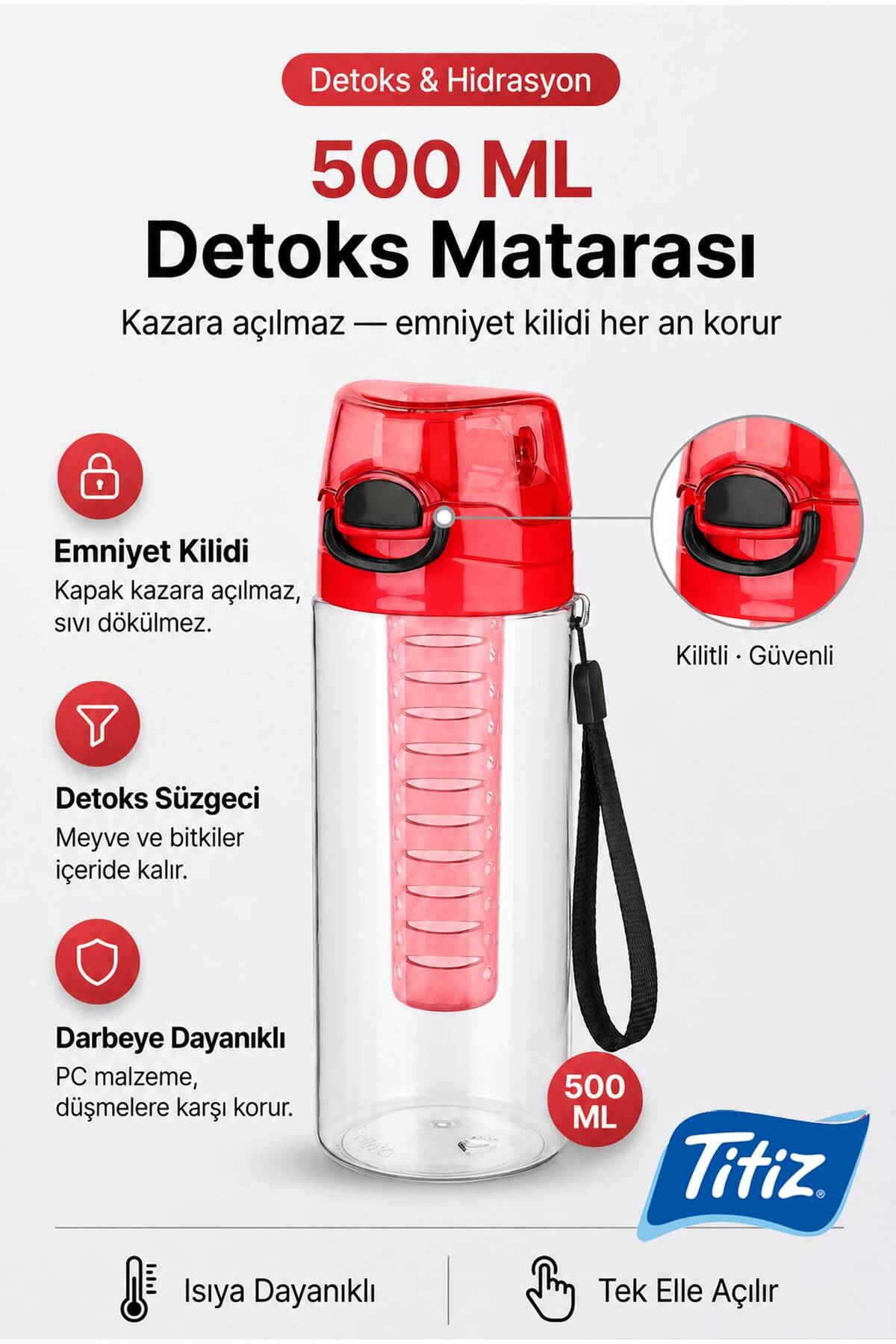 Filtreli Detox Kilitli Kapak Polikarbon Suluk Matara 500 ml - Kırmızı