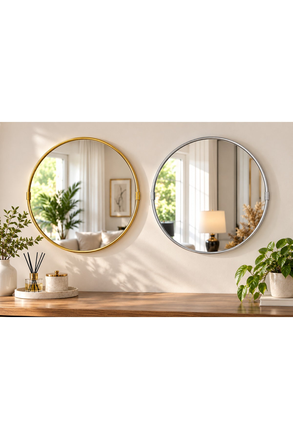 30 cm Yuvarlak Dekoratif Duvar Aynası İnce Çerçeveli Askılı Model - Altın