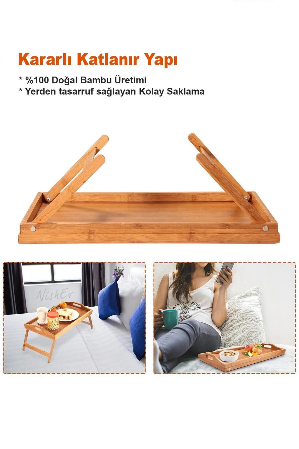 Bambu Katlanır Ayaklı Tepsi Büyük Boy Portatif Kahvaltı Çay Servis Sunum Tepsisi - Bambu