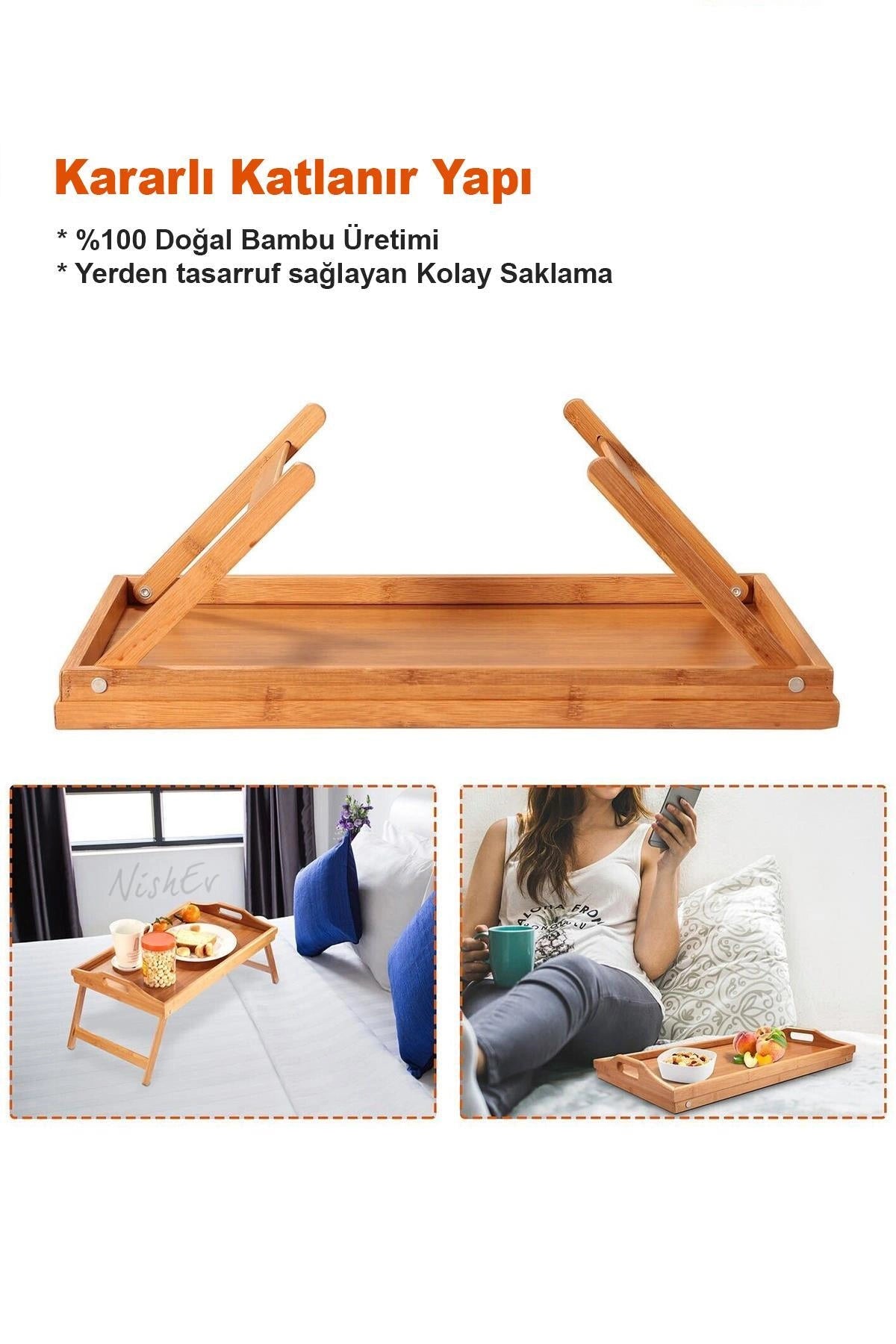 Bambu Katlanır Ayaklı Tepsi Büyük Boy Portatif Kahvaltı Çay Servis Sunum Tepsisi - Bambu