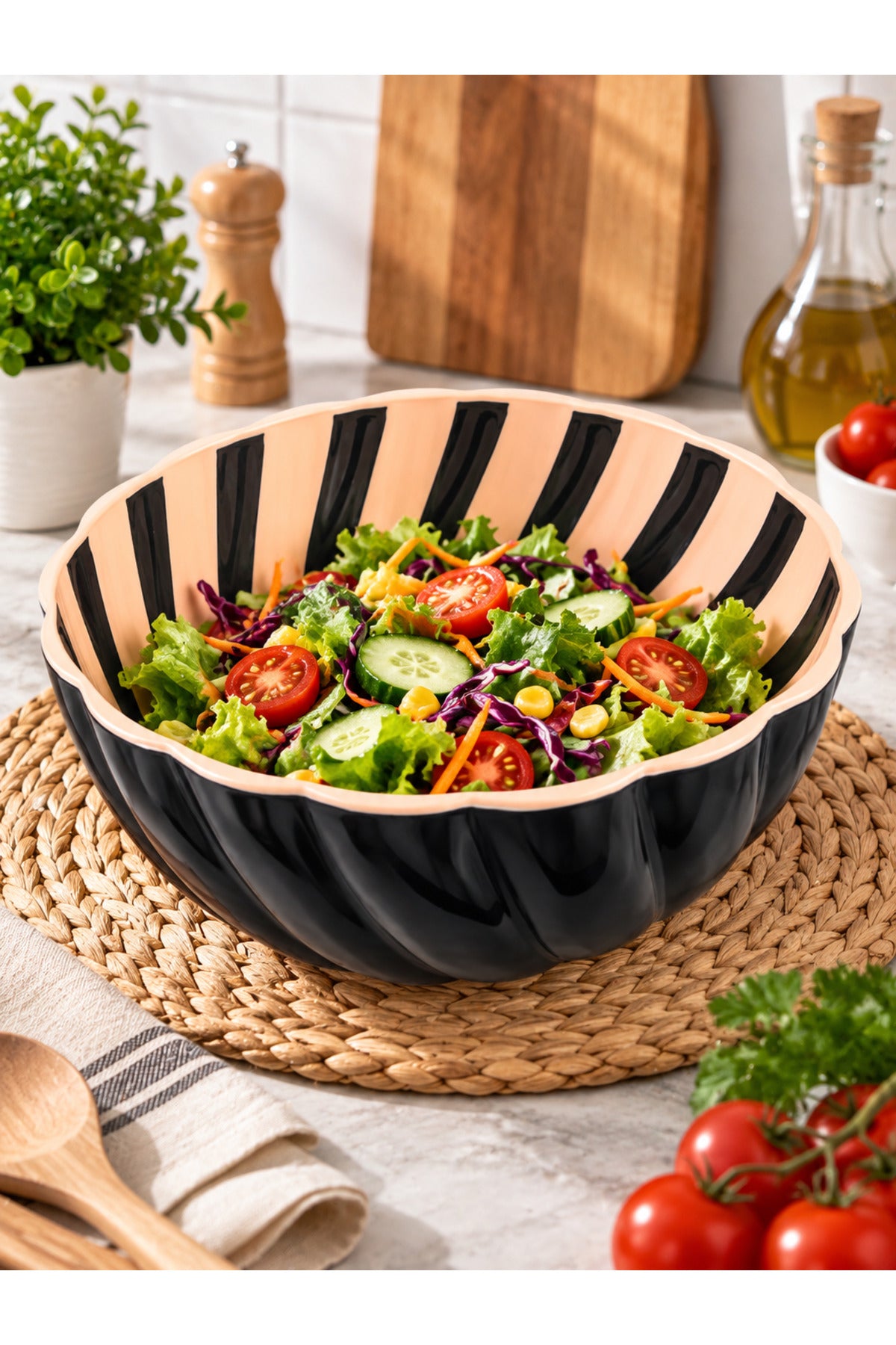 Safir Büyük Boy Desenli Plastik Salata ve Servis Kasesi - Krem