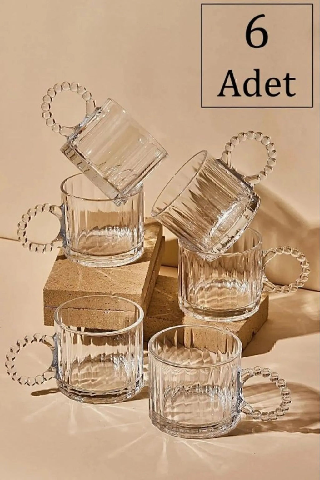 6 Lı Boncuk Kulplu Cam Kupa ,Boncuklu Cam Kupa, Espresso Meşrubat Bardağı - BEYAZ