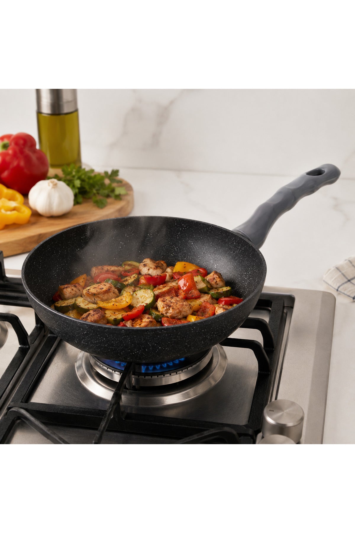 24 cm Granit Wok Tava – Gri Saplı Derin Pişirme Tavası