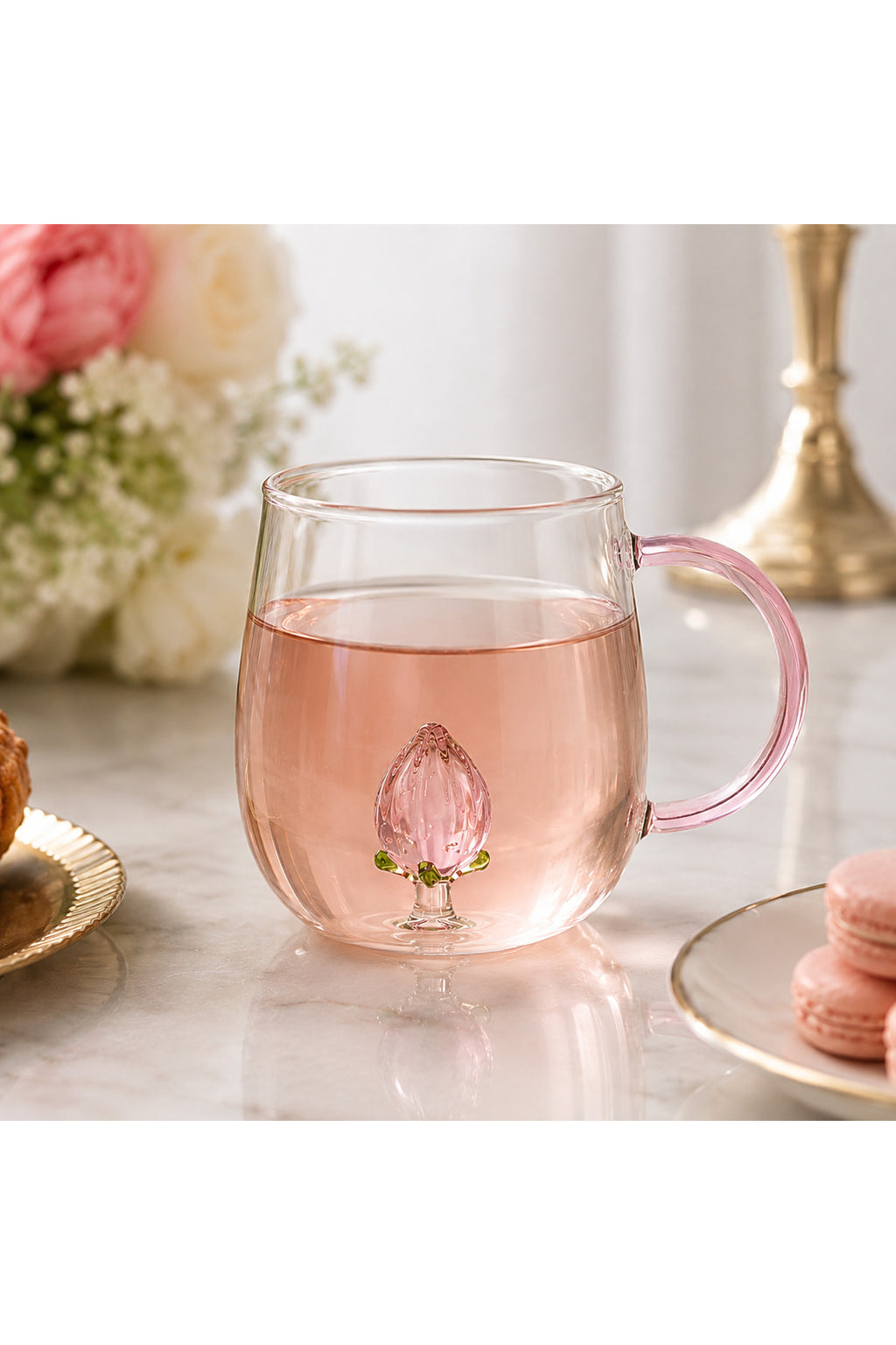 Pembe Kulplu Dekoratif Figürlü Cam Bardak – Çok Amaçlı Sunum Bardağı - Pembe