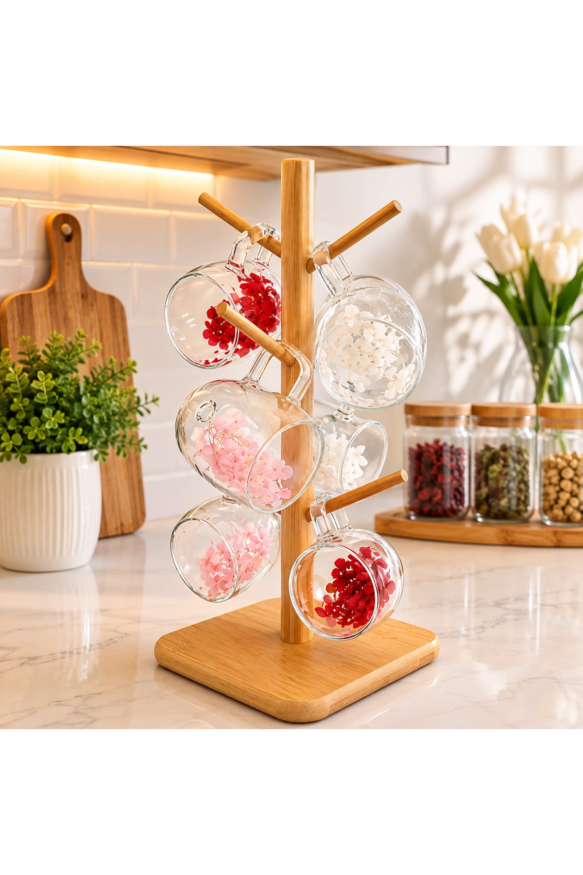 Bambu Fincan ve Kupa Askılığı Tezgah Üstü 6 Kollu Bardak Standı - Bej