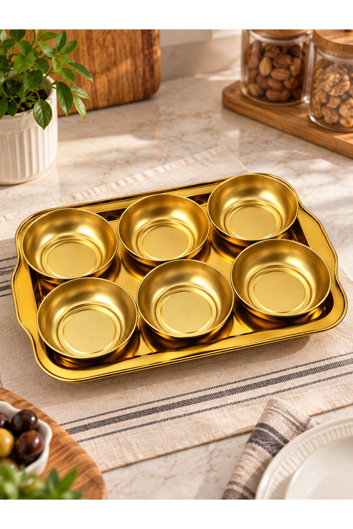 Gold Tepsili Metal Çerezlik Seti Sunum Ve İkramlık Servis Takımı - Altın