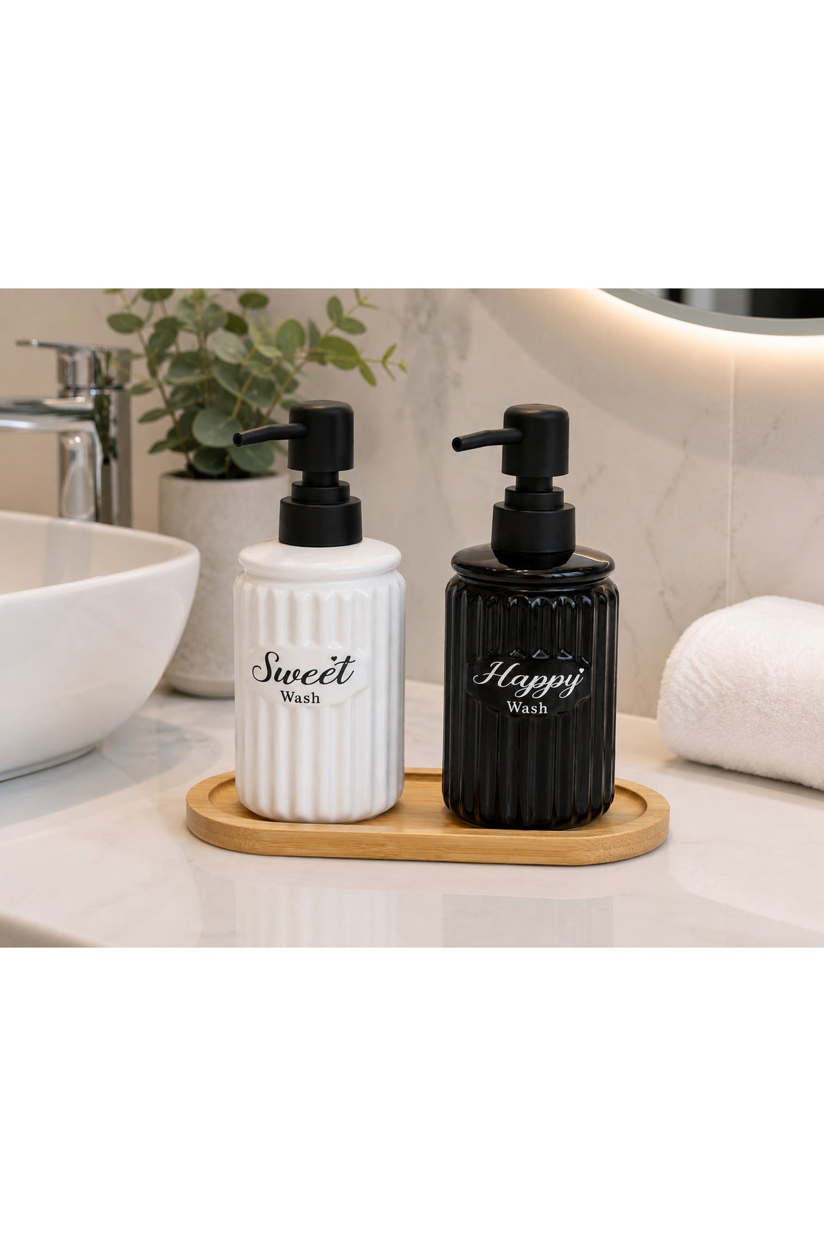 2’li Seramik Sıvı Sabunluk Seti – Bambu Standlı Pompalı Banyo ve Mutfak Seti - Çift Renk
