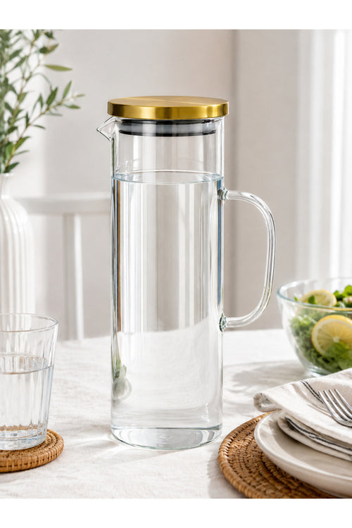 1,5 Litre Kapaklı Cam Sürahi – Şeffaf Modern Tasarım - Saydam