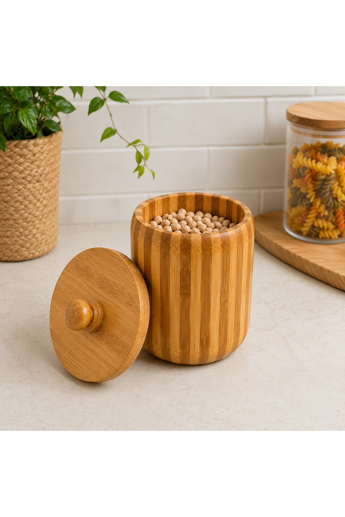 Bambu Kapaklı Saklama Kabı Küçük Boy Yuvarlak Kuru Gıda Kabı - Bej