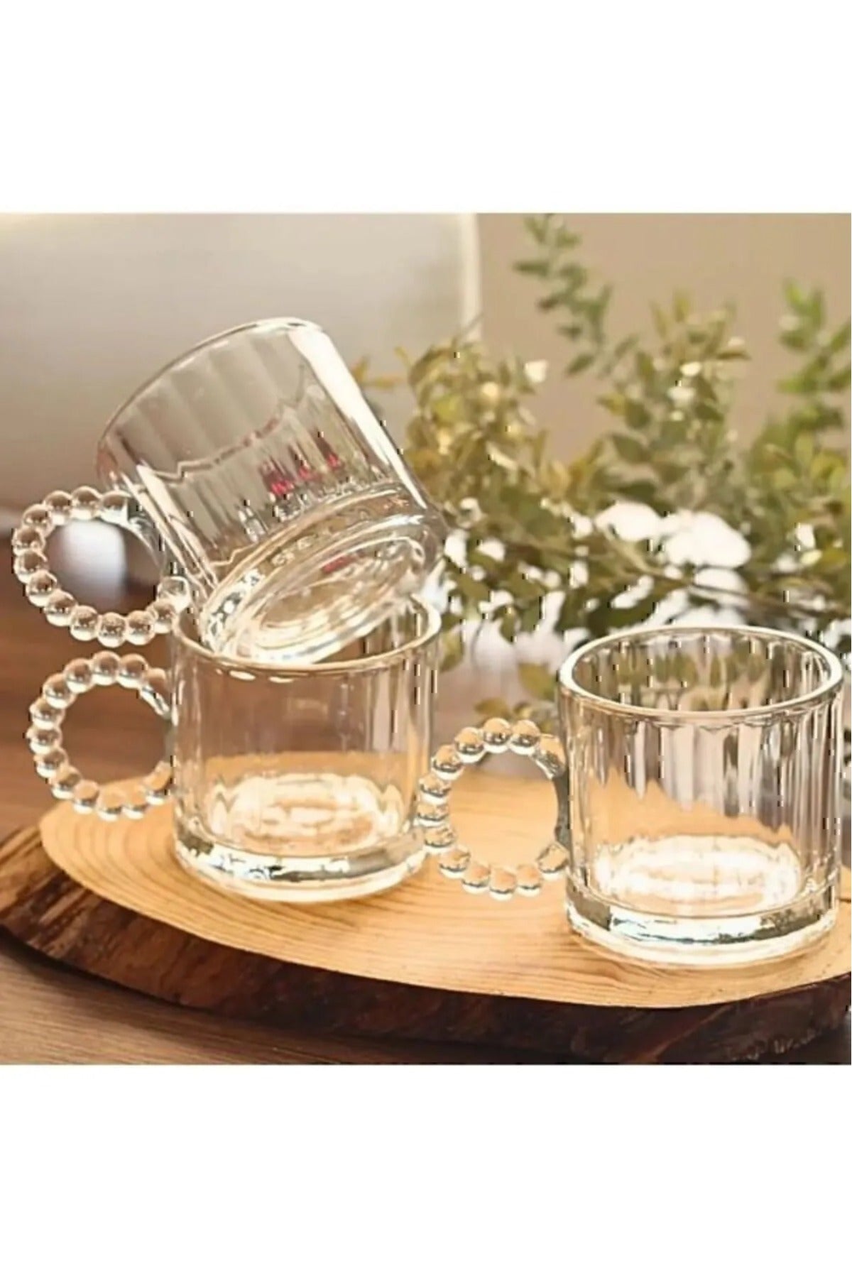 6 Lı Boncuk Kulplu Cam Kupa ,Boncuklu Cam Kupa, Espresso Meşrubat Bardağı - BEYAZ