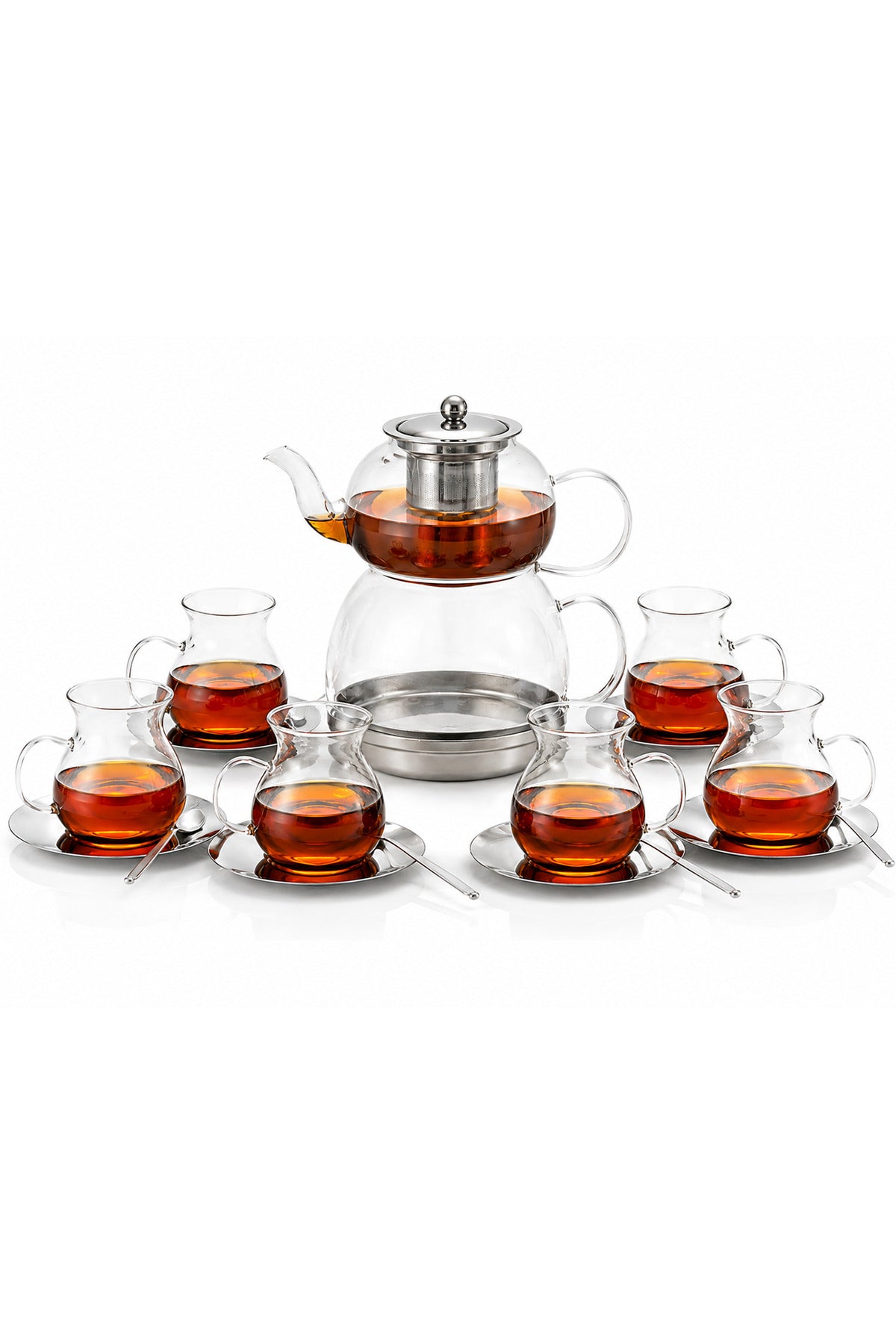 20 Parça Cam Çay Takımı – Çaydanlık, 6 Bardak, 6 Bardak Altlığı ve 6 Çay Kaşığı Full Set - Metalik