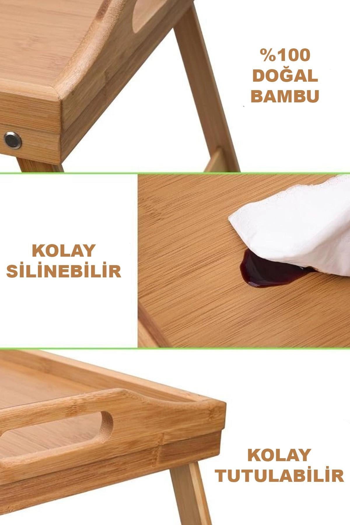 Bambu Katlanır Ayaklı Tepsi Büyük Boy Portatif Kahvaltı Çay Servis Sunum Tepsisi - Bambu