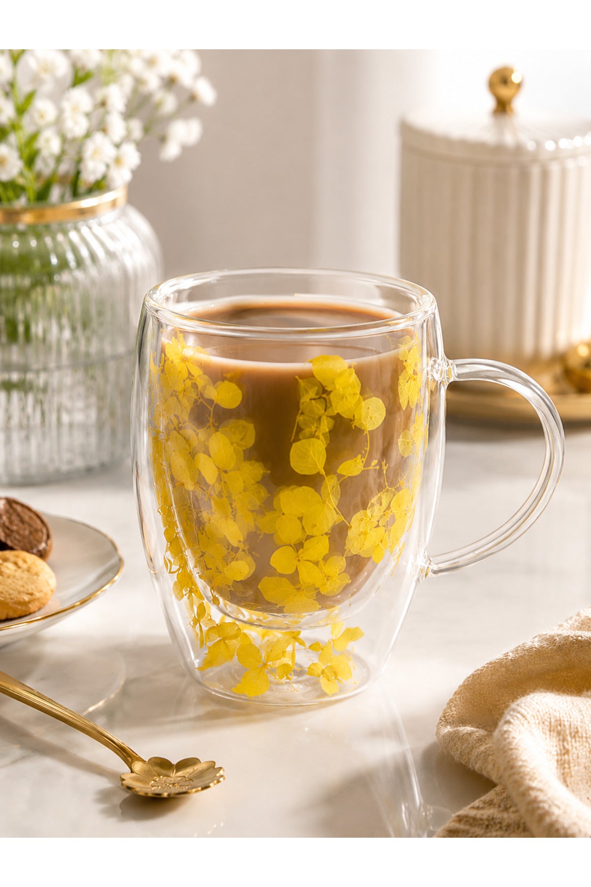 Çift Cidarlı Çiçekli Cam Kupa Dekoratif Kahve ve Çay Bardağı - Sarı