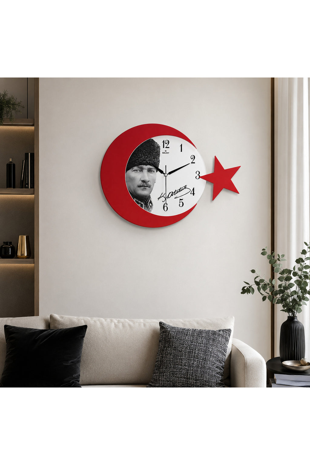 Atatürk Temalı Ay Yıldız Tasarımlı Dekoratif Duvar Saati Kırmızı - Kırmızı