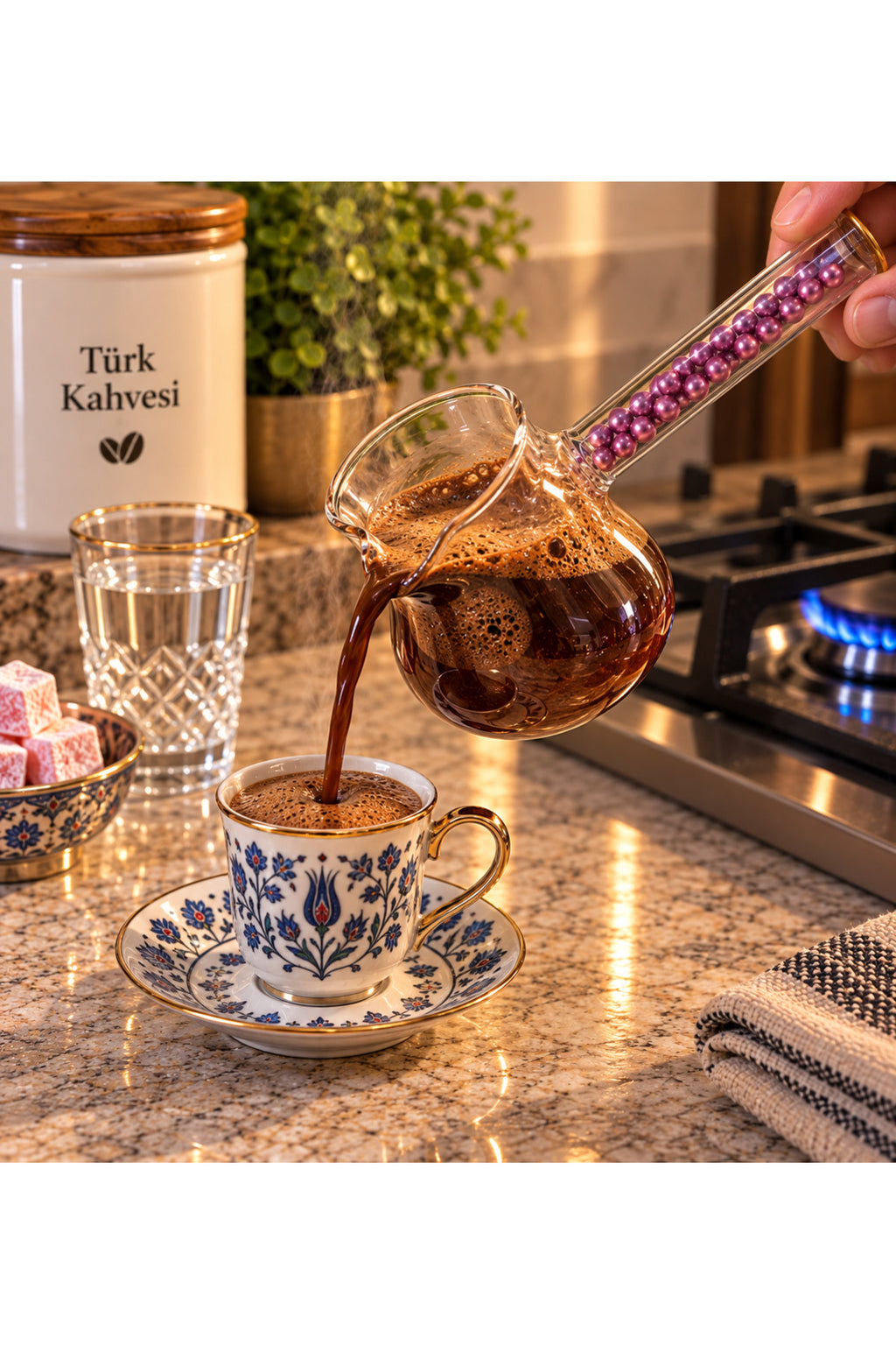 Cam Cezve Dekoratif Boncuklu Saplı Kahve Pişirme ve Servis Cezvesi - Mor