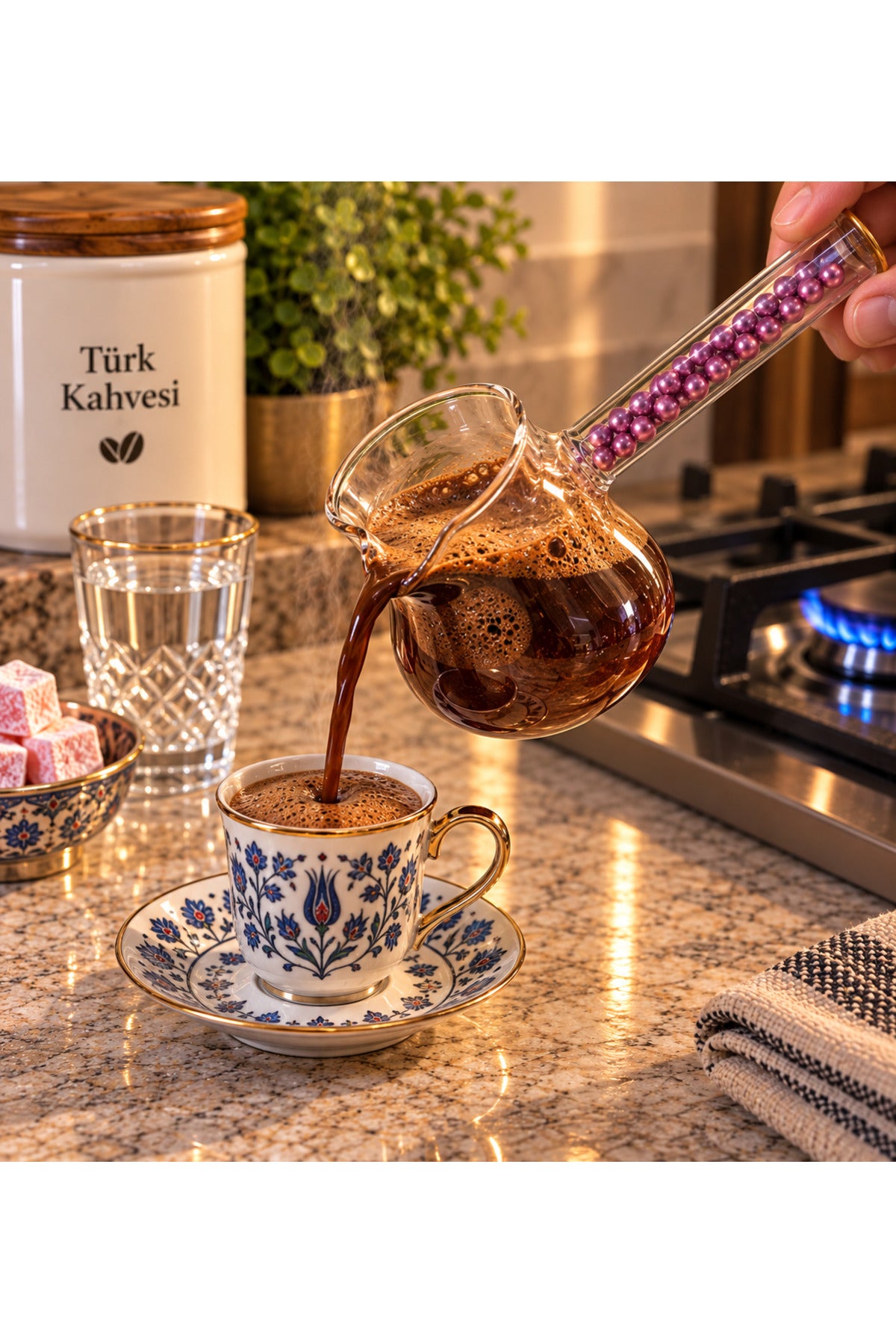 Cam Cezve Dekoratif Boncuklu Saplı Kahve Pişirme ve Servis Cezvesi - Mor