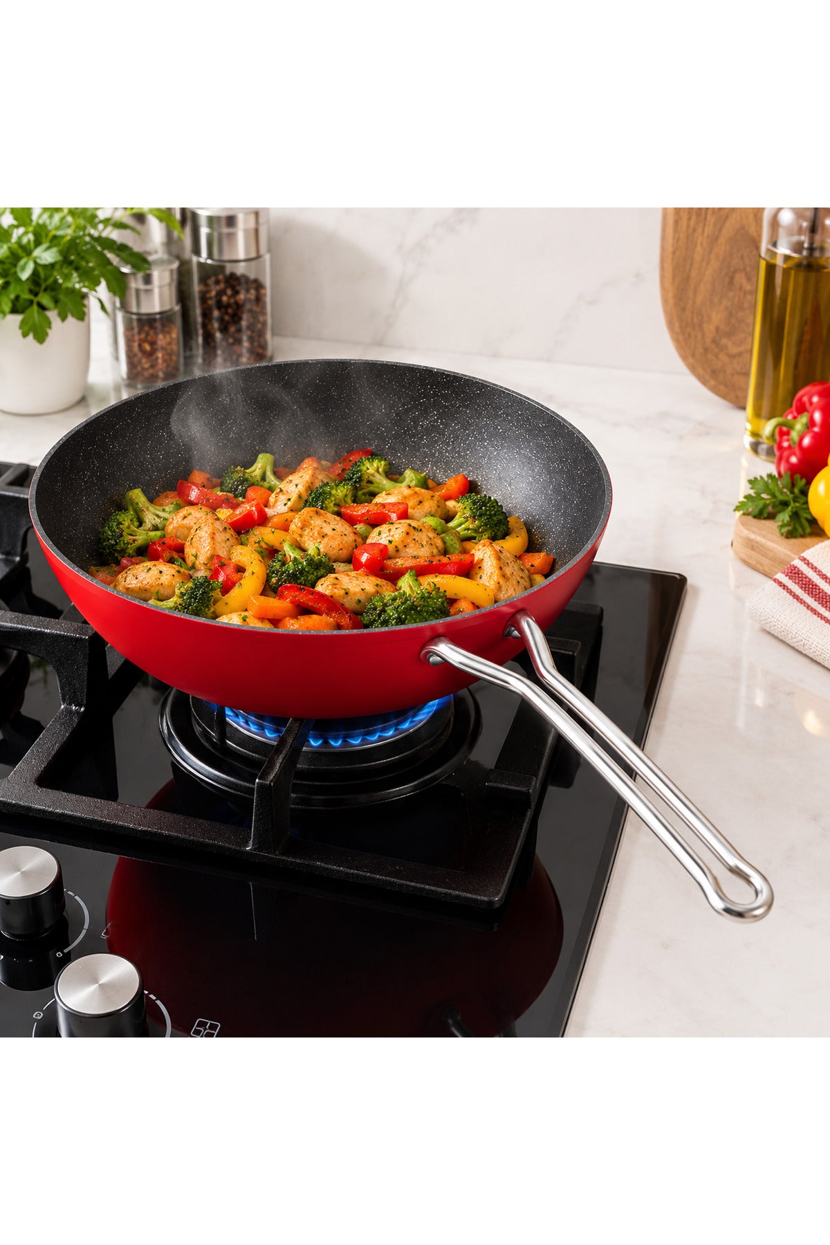 24 cm Kırmızı Titanyum Wok Tava – Derin Yapılı Çift Metal Saplı