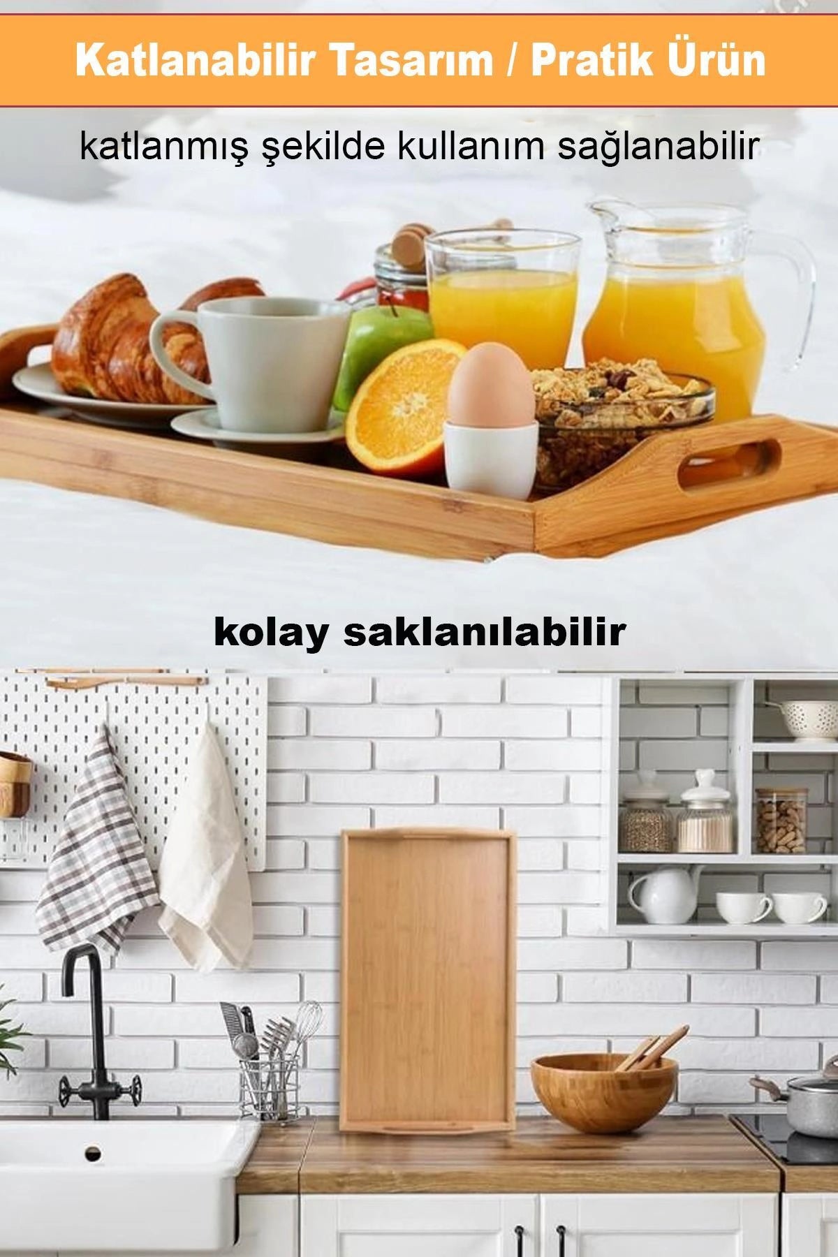 Bambu Katlanır Ayaklı Tepsi Büyük Boy Portatif Kahvaltı Çay Servis Sunum Tepsisi - Bambu