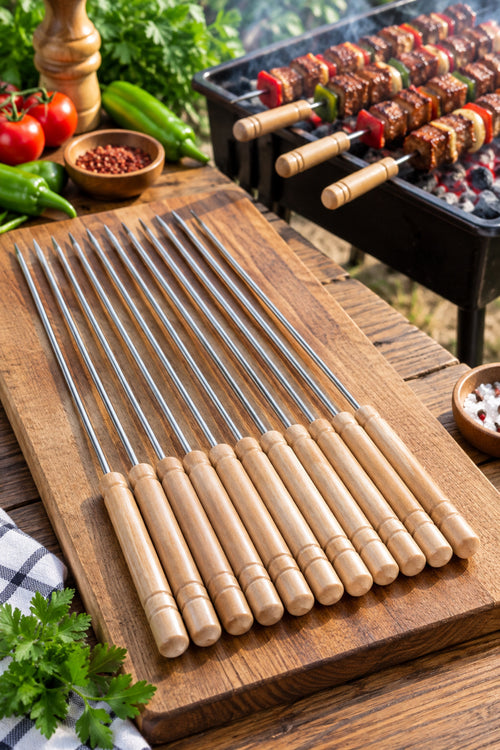 12’li Ahşap Saplı Metal Mangal Şişi Seti Kebap Et Tavuk Şiş