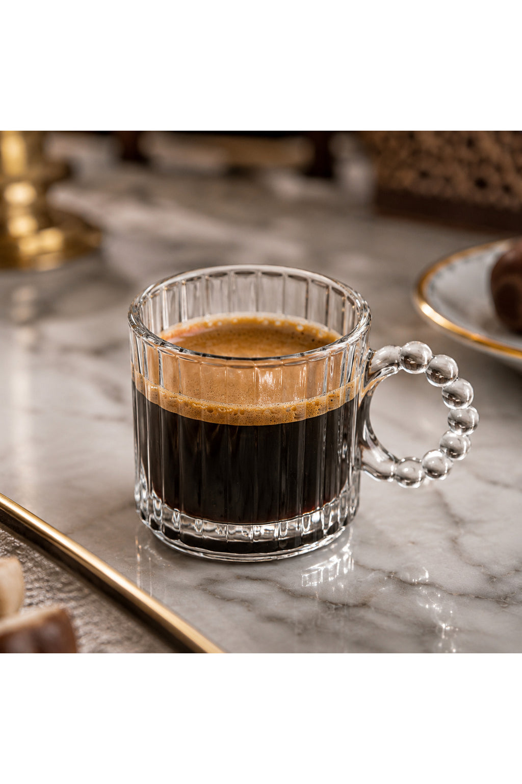 6’lı Boncuk Kulplu Cam Kahve Yanı Bardağı Espresso Sunum Seti - Beyaz