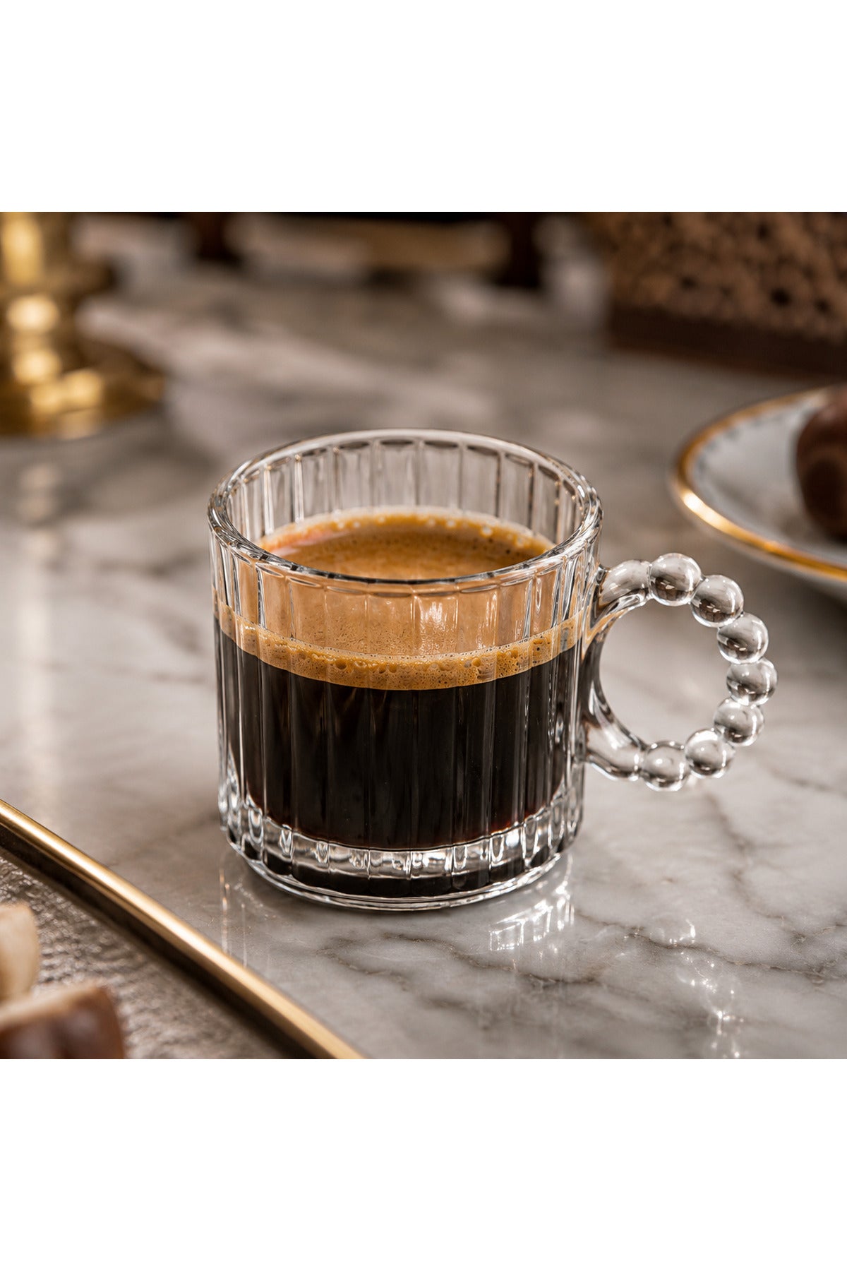 6’lı Boncuk Kulplu Cam Kahve Yanı Bardağı Espresso Sunum Seti - Beyaz