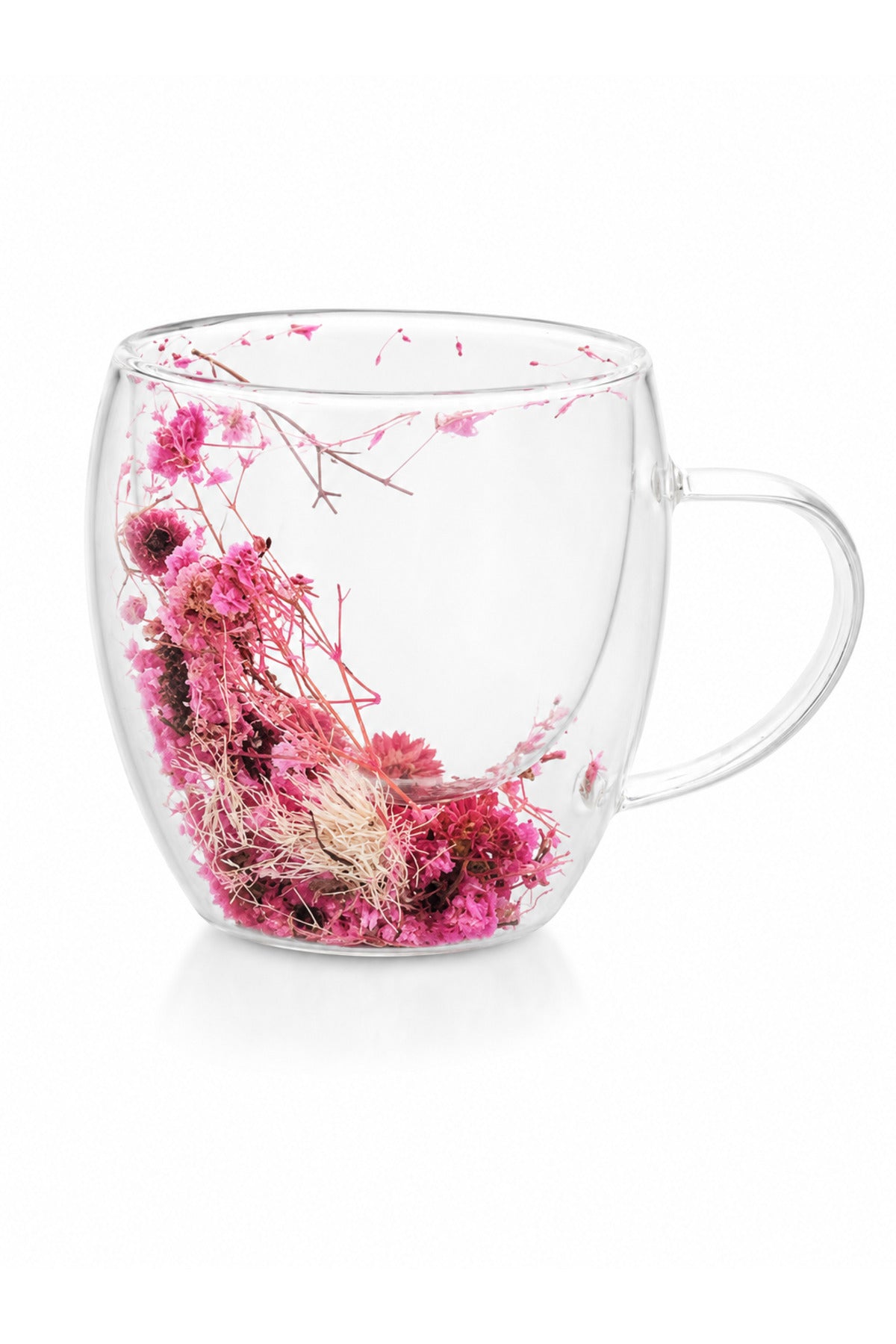 Çift Cidarlı Çiçek Detaylı Kulplu Cam Kupa Bardak 250ml - Pembe