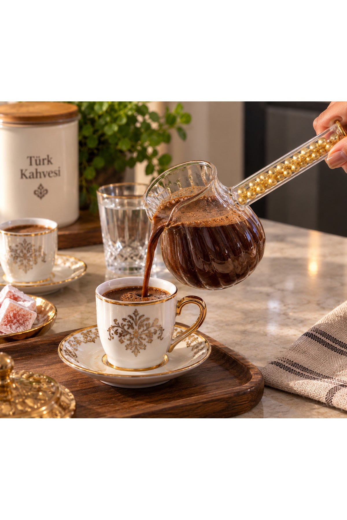 İncili Cam Cezve Dekoratif Saplı Kahve Pişirme ve Sunum Cezvesi - Sarı