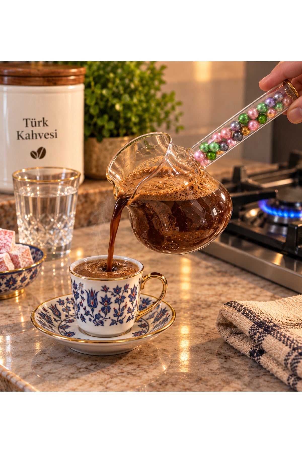 Cam Cezve Dekoratif Boncuklu Saplı Kahve Pişirme ve Servis Cezvesi - Renkli