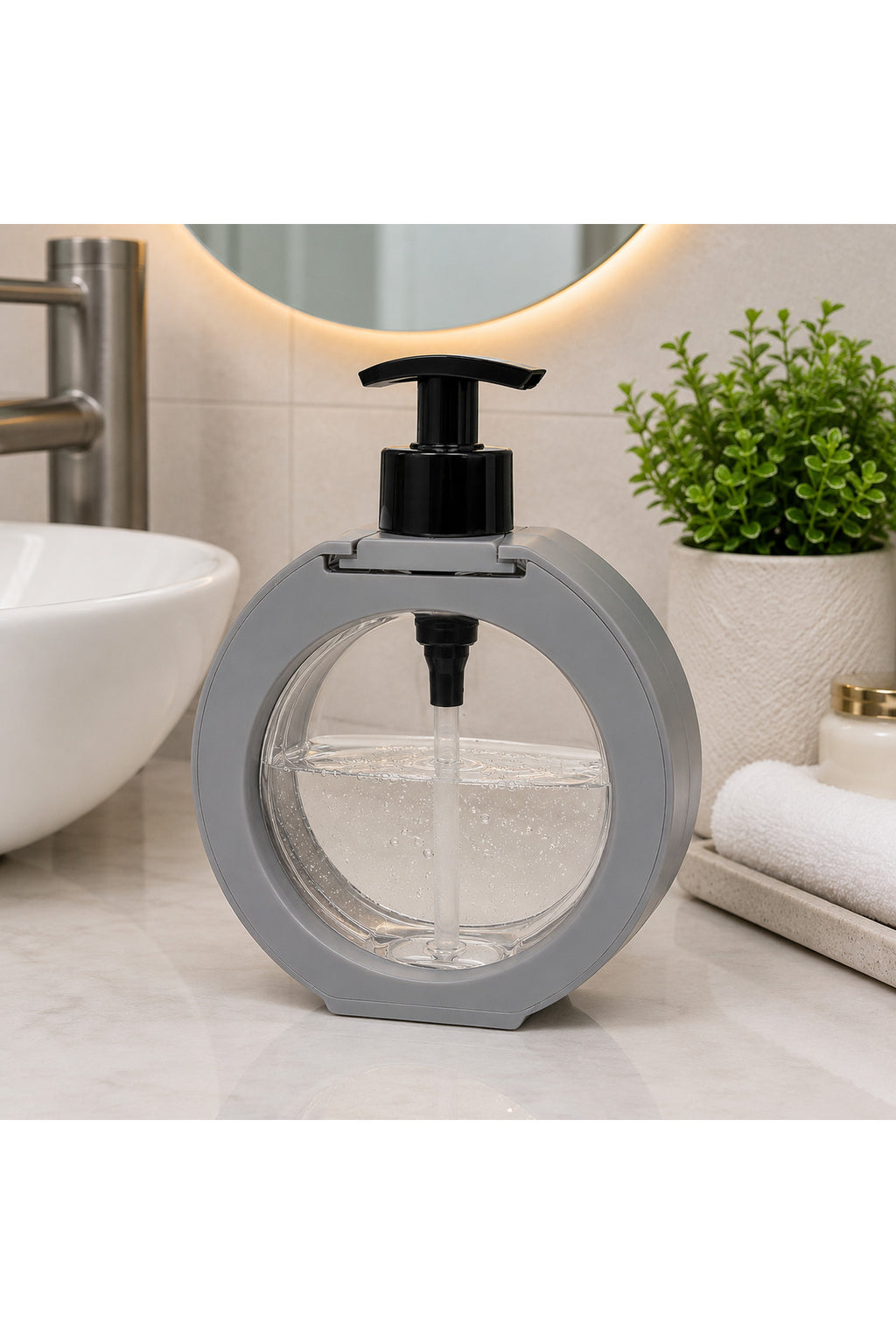 Yuvarlak Şeffaf Hazneli Pompalı Sıvı Sabunluk – Modern Sabun Dispenseri - Gri