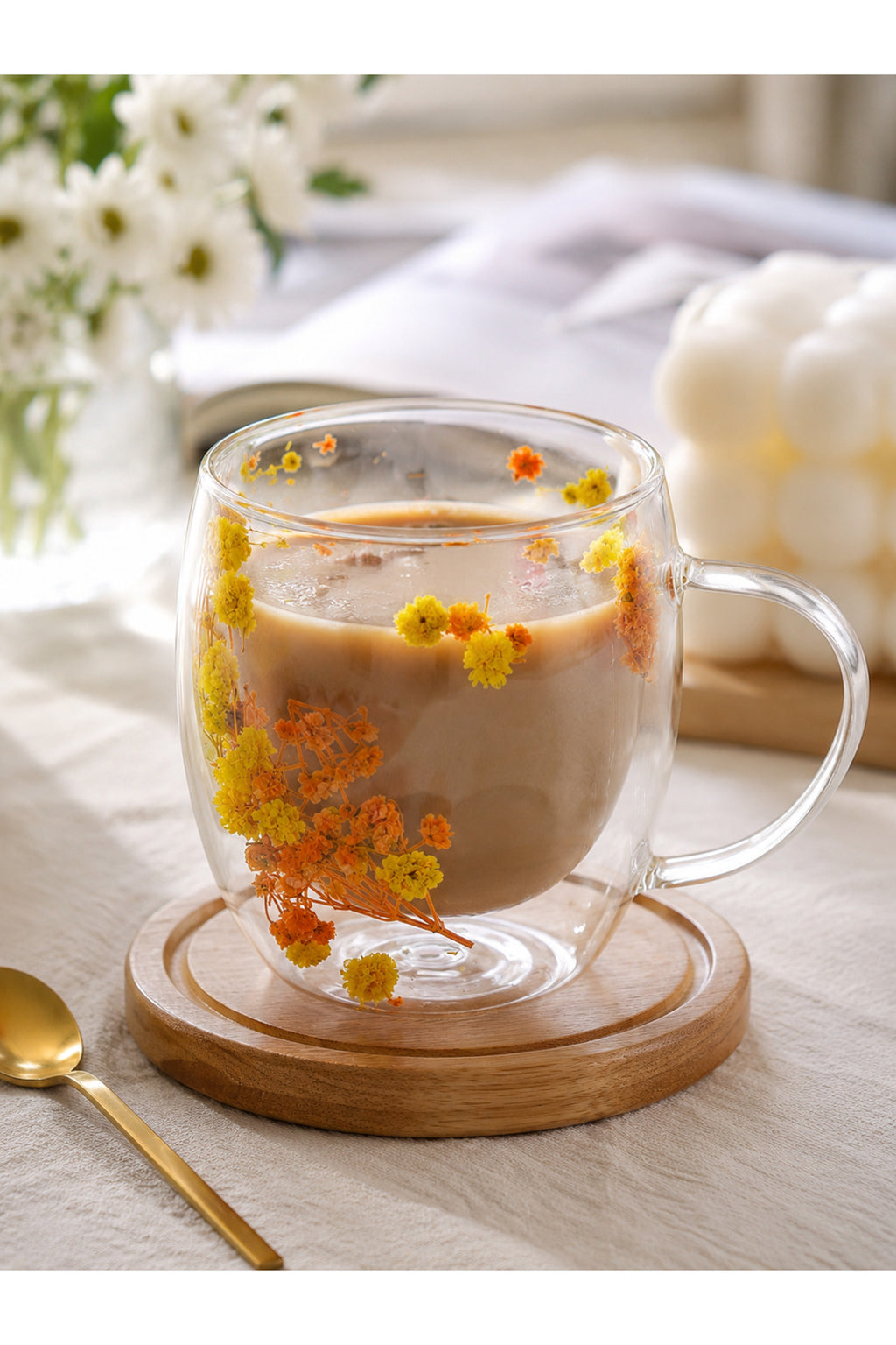 Çift Cidarlı Çiçek Detaylı Kulplu Cam Kupa Bardak 250ml - Sarı