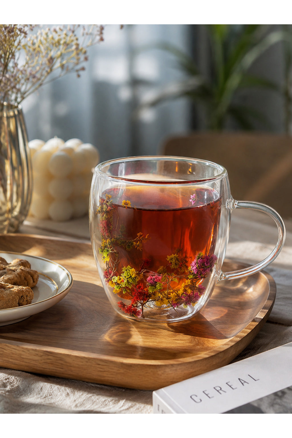 Çift Cidarlı Çiçek Detaylı Kulplu Cam Kupa Bardak 250ml - Yeşil