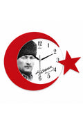 Atatürk Temalı Ay Yıldız Tasarımlı Dekoratif Duvar Saati Kırmızı - Kırmızı