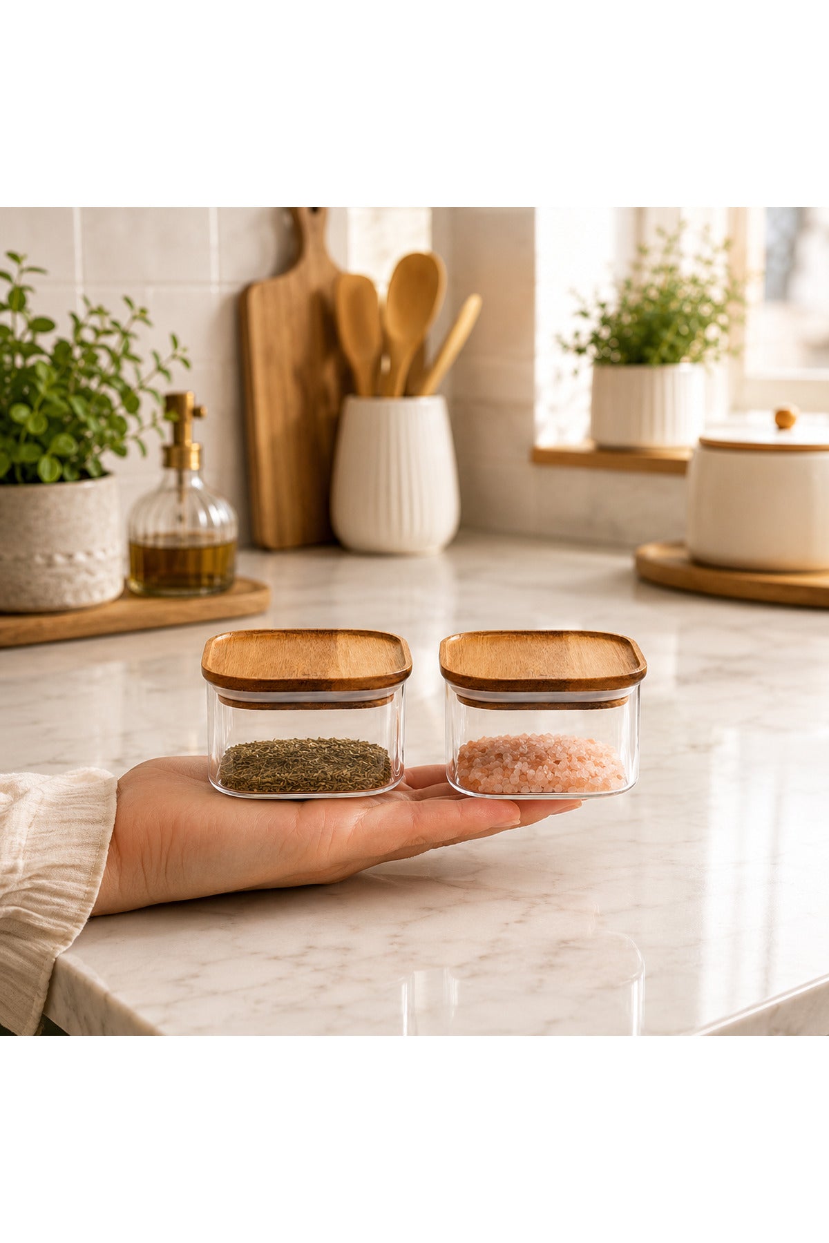 2’li Bambu Kapaklı Mini Cam Saklama Kabı Mutfak Düzenleyici Set - Bambu