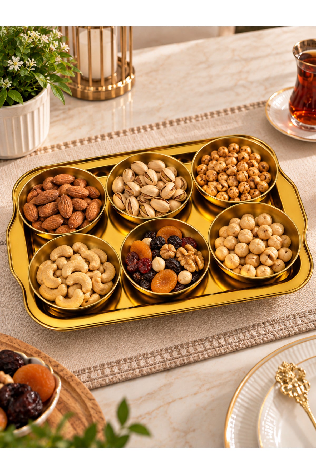 Gold Tepsili Metal Çerezlik Seti Sunum Ve İkramlık Servis Takımı - Altın