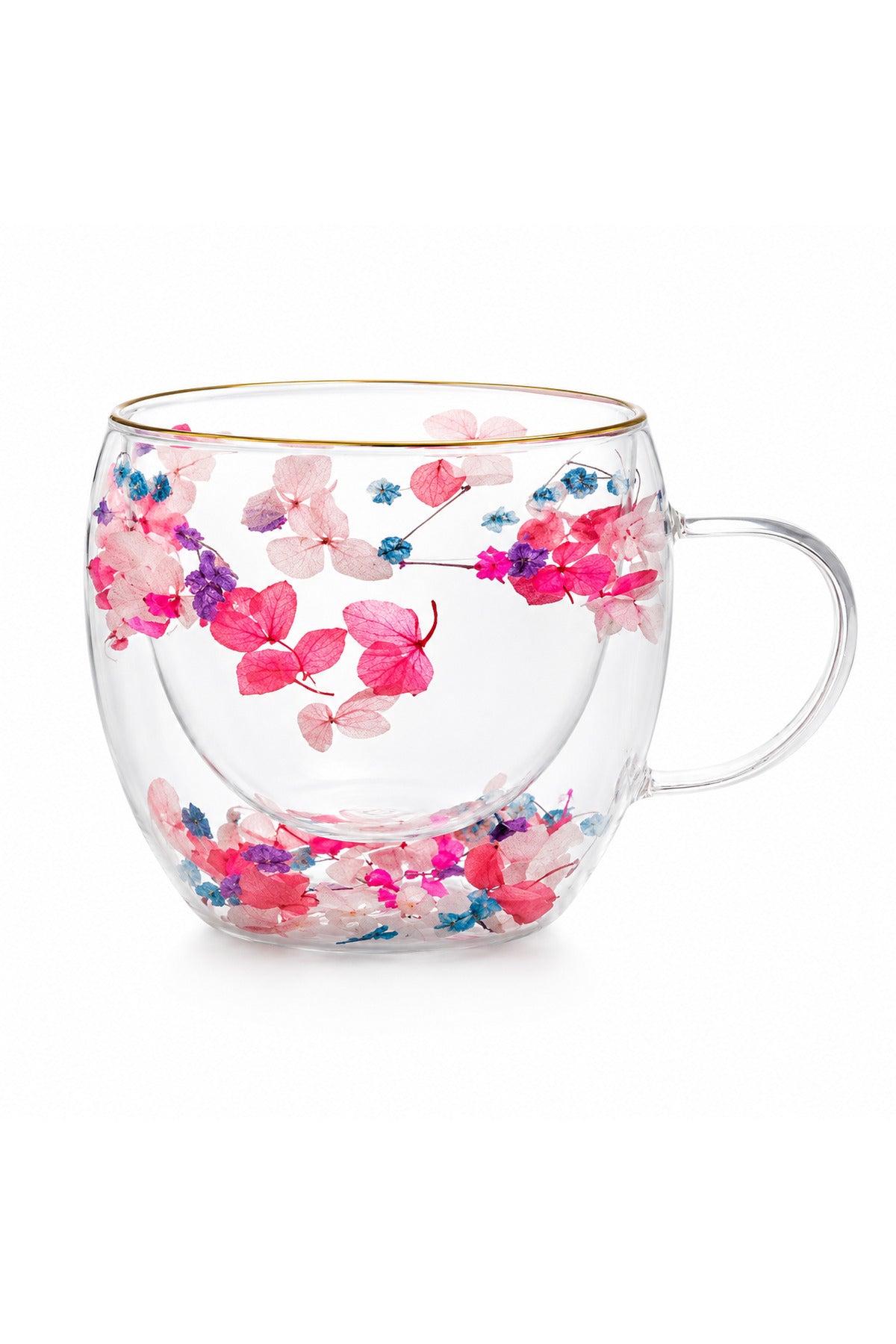 Çift Cidarlı Çiçek Detaylı Kulplu Cam Kupa Bardak 250ml - Beyaz