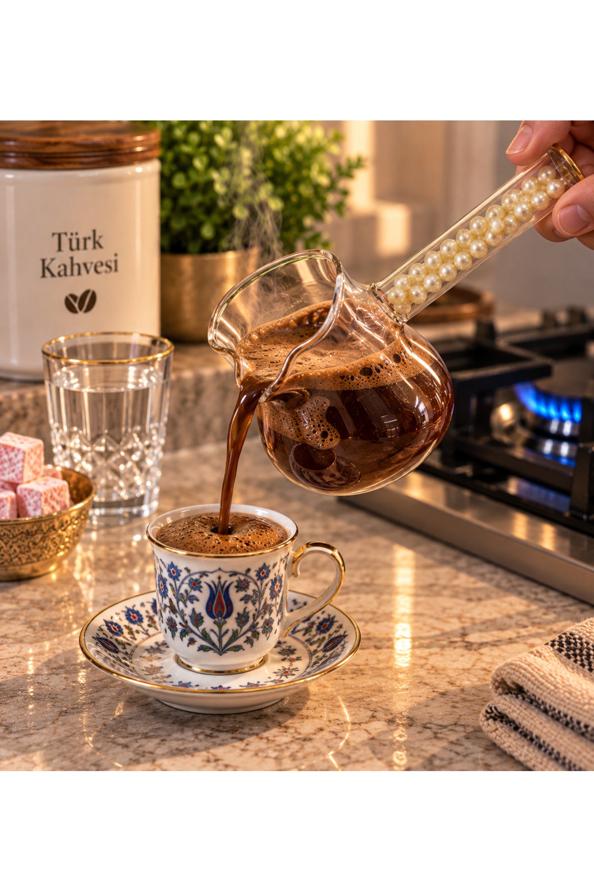 Cam Cezve Dekoratif Boncuklu Saplı Kahve Pişirme ve Servis Cezvesi - Krem