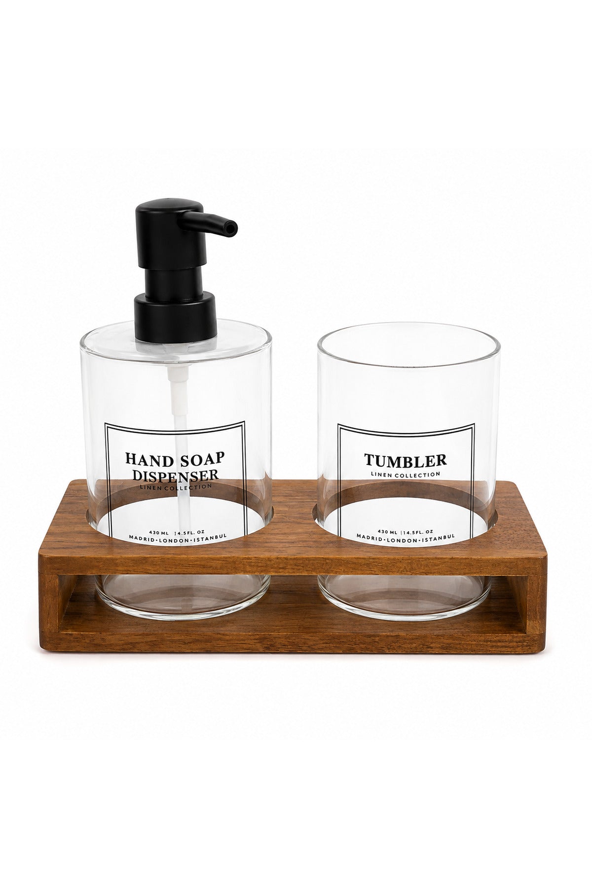 Ahşap Standlı 2’li Şeffaf Sıvı Sabunluk ve Banyo Düzenleyici Set - Saydam