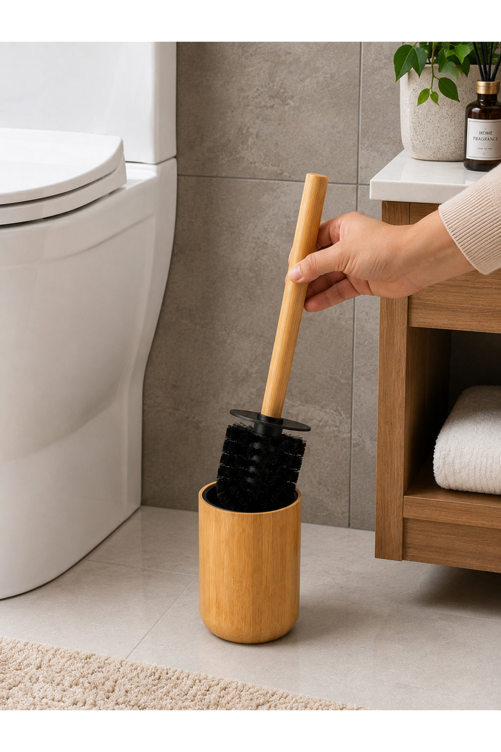 Bambu Hazneli Tuvalet Fırçası Uzun Saplı Banyo Temizlik Gereci - Bambu