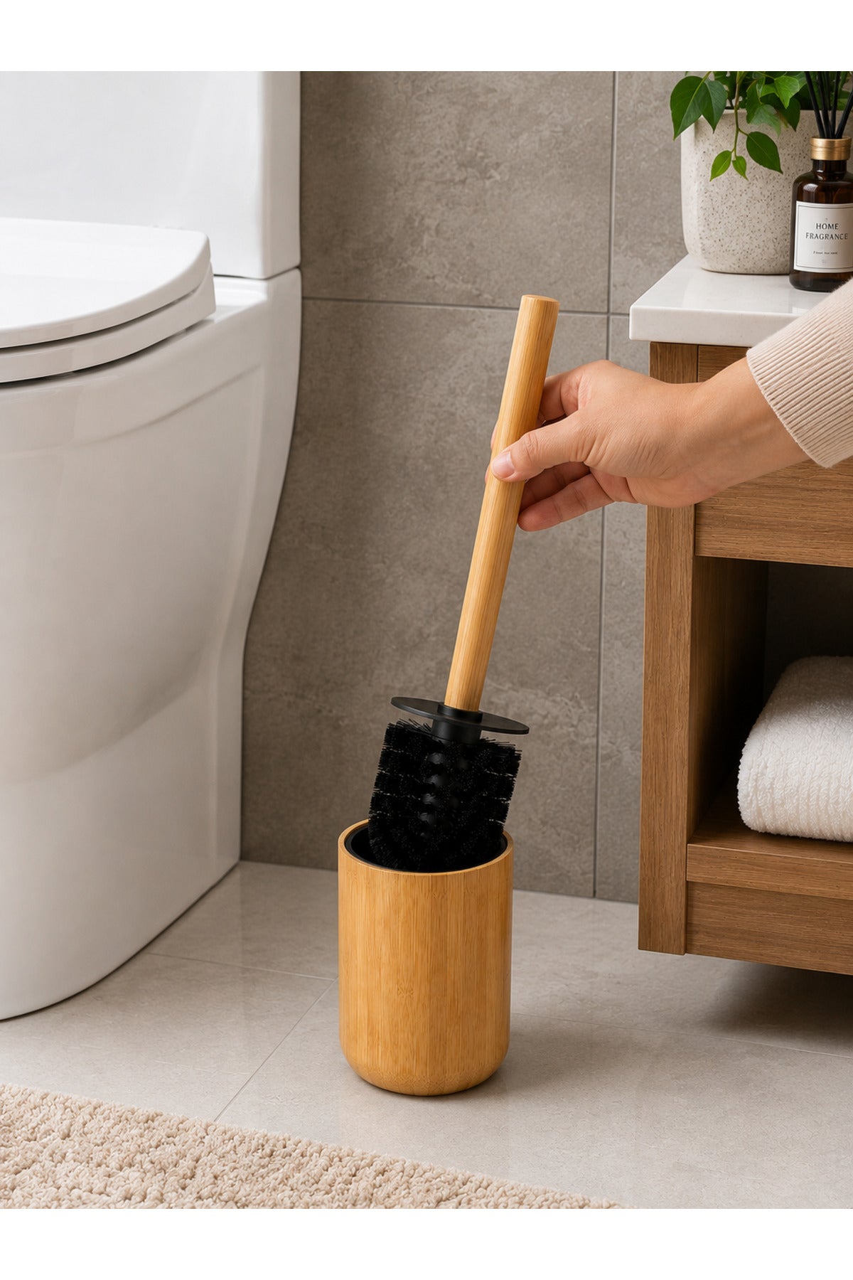 Bambu Hazneli Tuvalet Fırçası Uzun Saplı Banyo Temizlik Gereci - Bambu