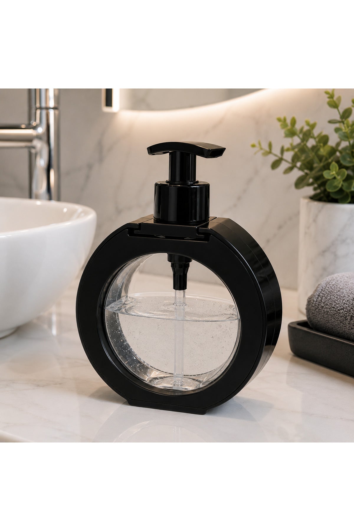 Yuvarlak Şeffaf Hazneli Pompalı Sıvı Sabunluk – Modern Sabun Dispenseri - Siyah