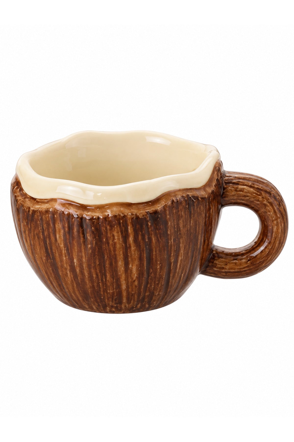 Coconut Kupa Hindistan Cevizi Görünümlü Seramik Kahve Fincanı Kulplu - Kahverengi