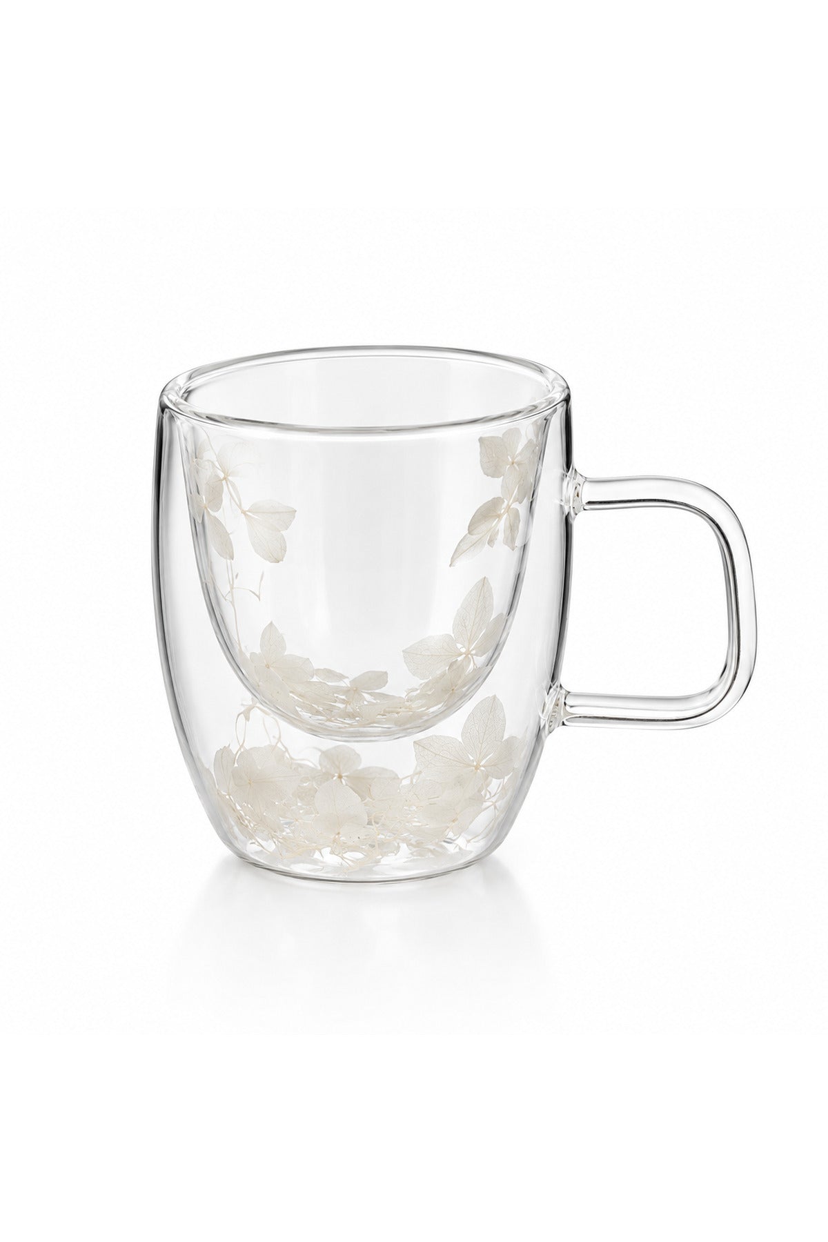 2’li Çift Cidarlı Cam Kupa Çiçek Detaylı Kulplu Bardak Seti - Beyaz