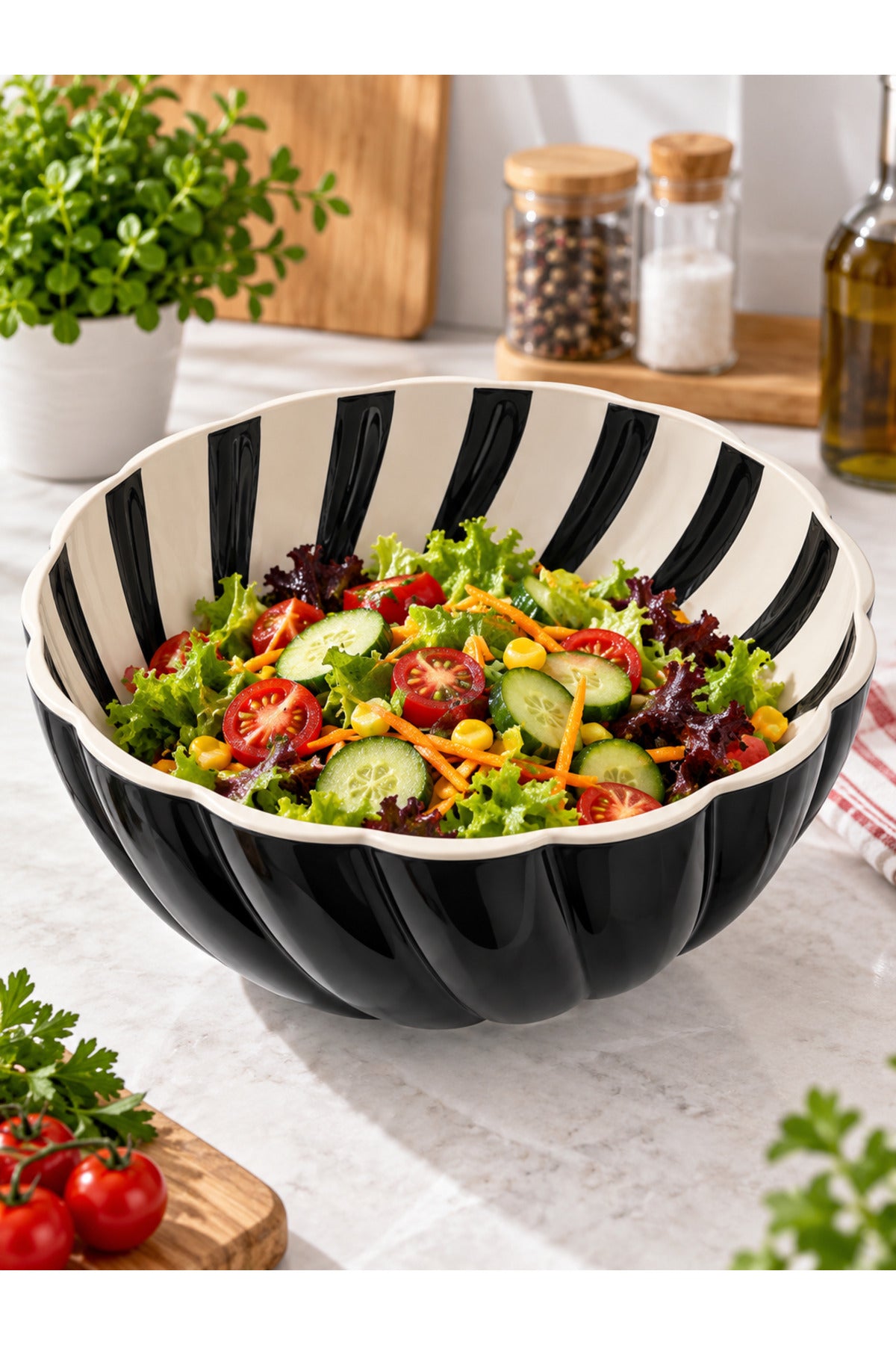 Safir Büyük Boy Desenli Plastik Salata ve Servis Kasesi - Gri